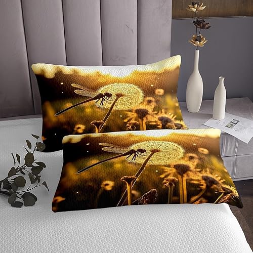 Miniatura 9 de Regalos de libélula para mujer, juego de edredón floral de diente de león, tamaño King, juego de colcha de animales voladores de libélulas para