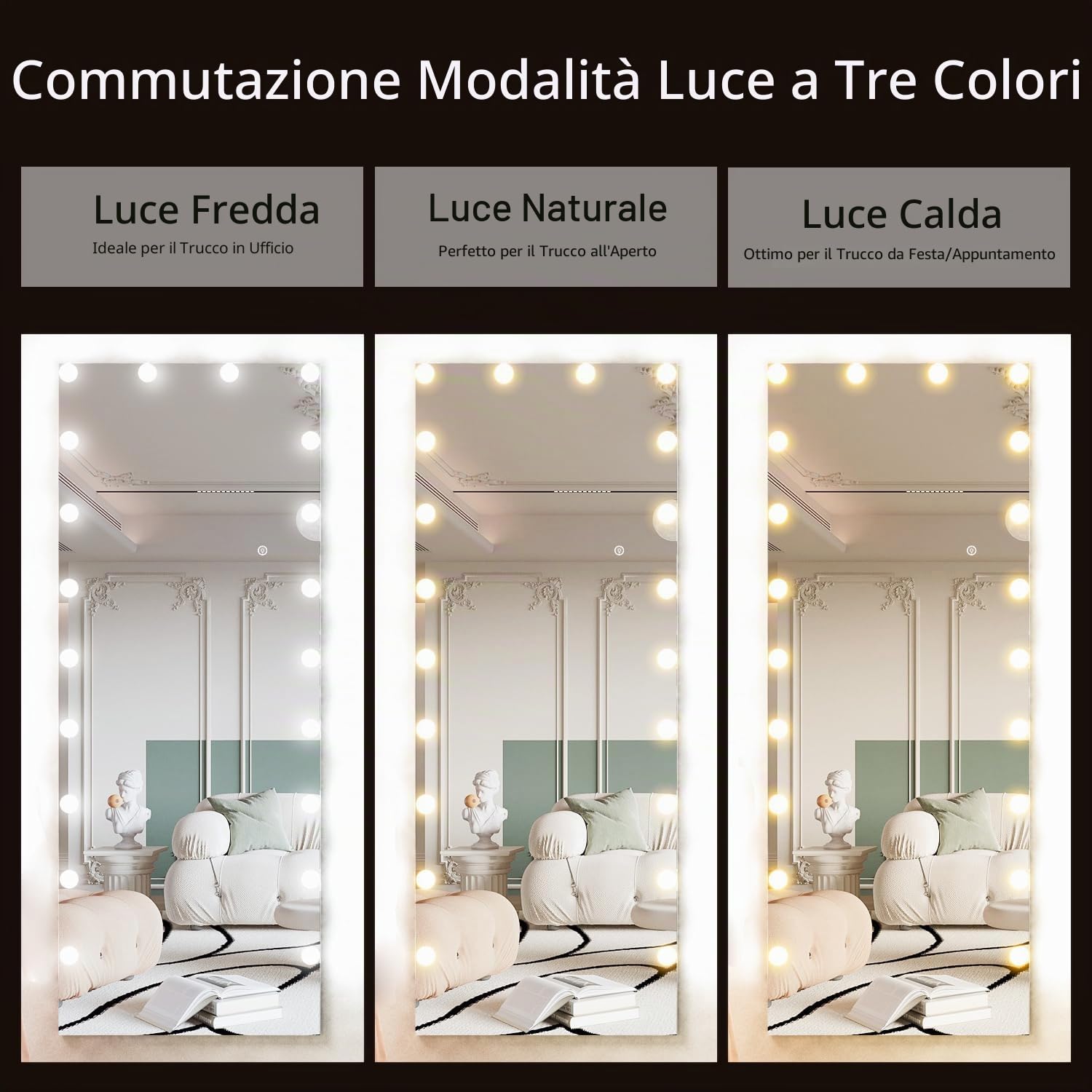 Specchio a figura intera con luci, 160 x 50 cm, specchio da terra Hollywood e da parete con luce, grande specchio da toeletta per camera da letto, 3 modalità di colore (bianco)