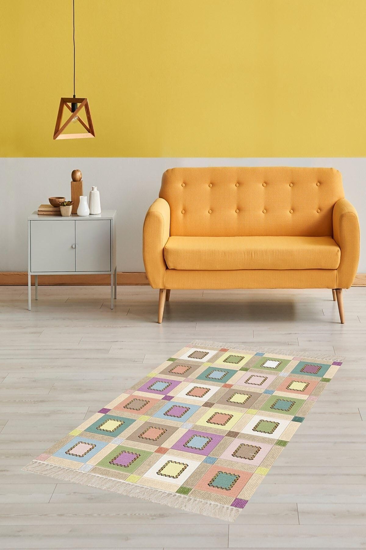 Pelangi Kırkyama Patchwork Desenli Etnik Dijital Baskı Yıkanabilir Kaymaz Taban Salon Halı ve Yolluk, Bej 80 x 50
