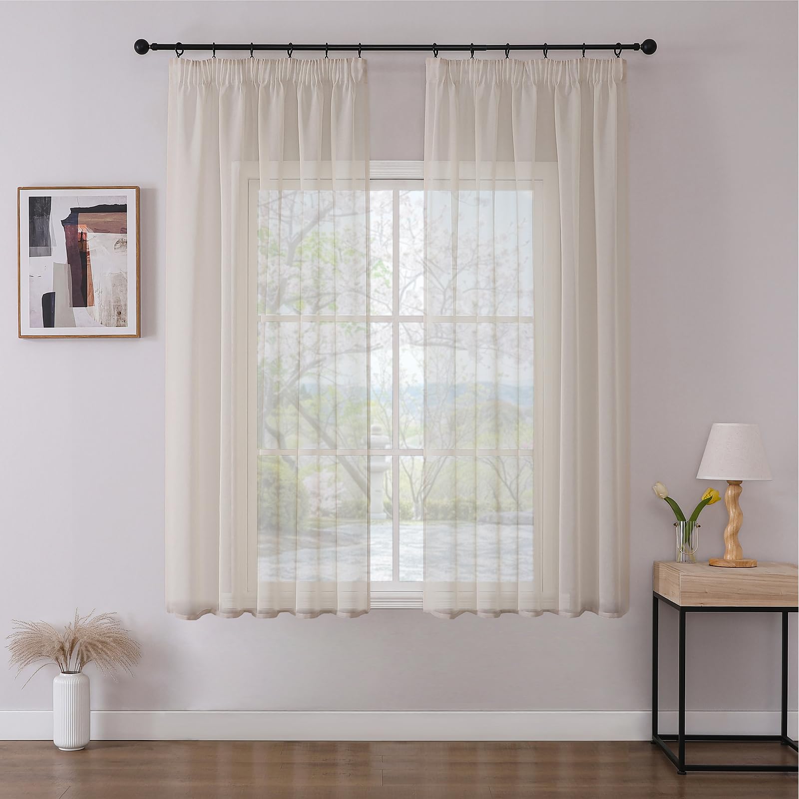Joydeco 2er Set H137 x B140 cm Leinenfarbene Kurz Vorhänge für Schienensystem Schiene Gardinen Transparent Vorhang Durchlässig Curtains Modern Living Room