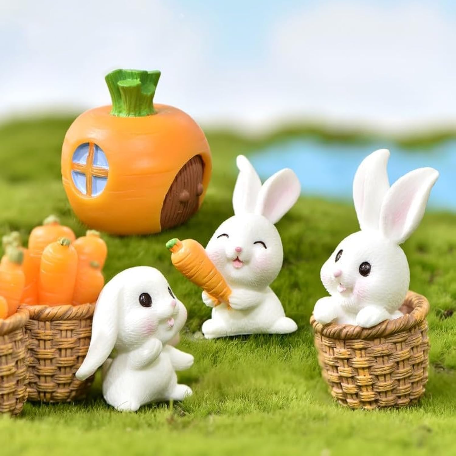 7 Pcs Bunny Kit Resin Miniature Figurines Fairy Garden Accessories,Mini Straw Basket Carraot Figures Rabbit Ornaments for Easter Egg Fillers Dollhouse Cake Home DéCor (Bunny kit)