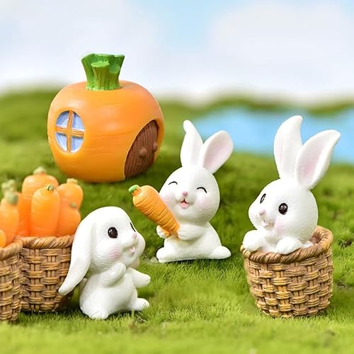 Kit de 7 piezas de figuras miniatura de resina de conejo, accesorios de jardín de hadas, mini cesta de paja, figuras de zanahoria, adornos de conejo