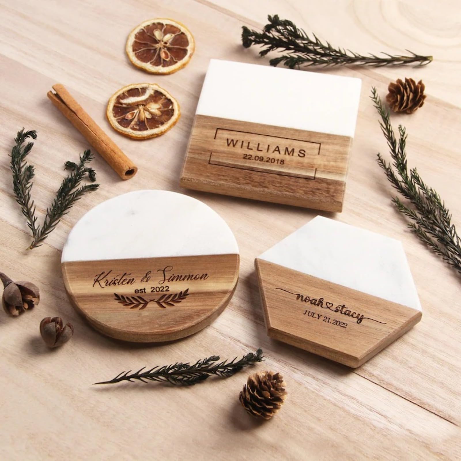 Posavasos personalizados de madera de mármol con nombre grabado redondo/hexagonal, regalos para parejas, para tazas, té, café, bebidas, decoración de mesa (hexágono, 6 piezas)
