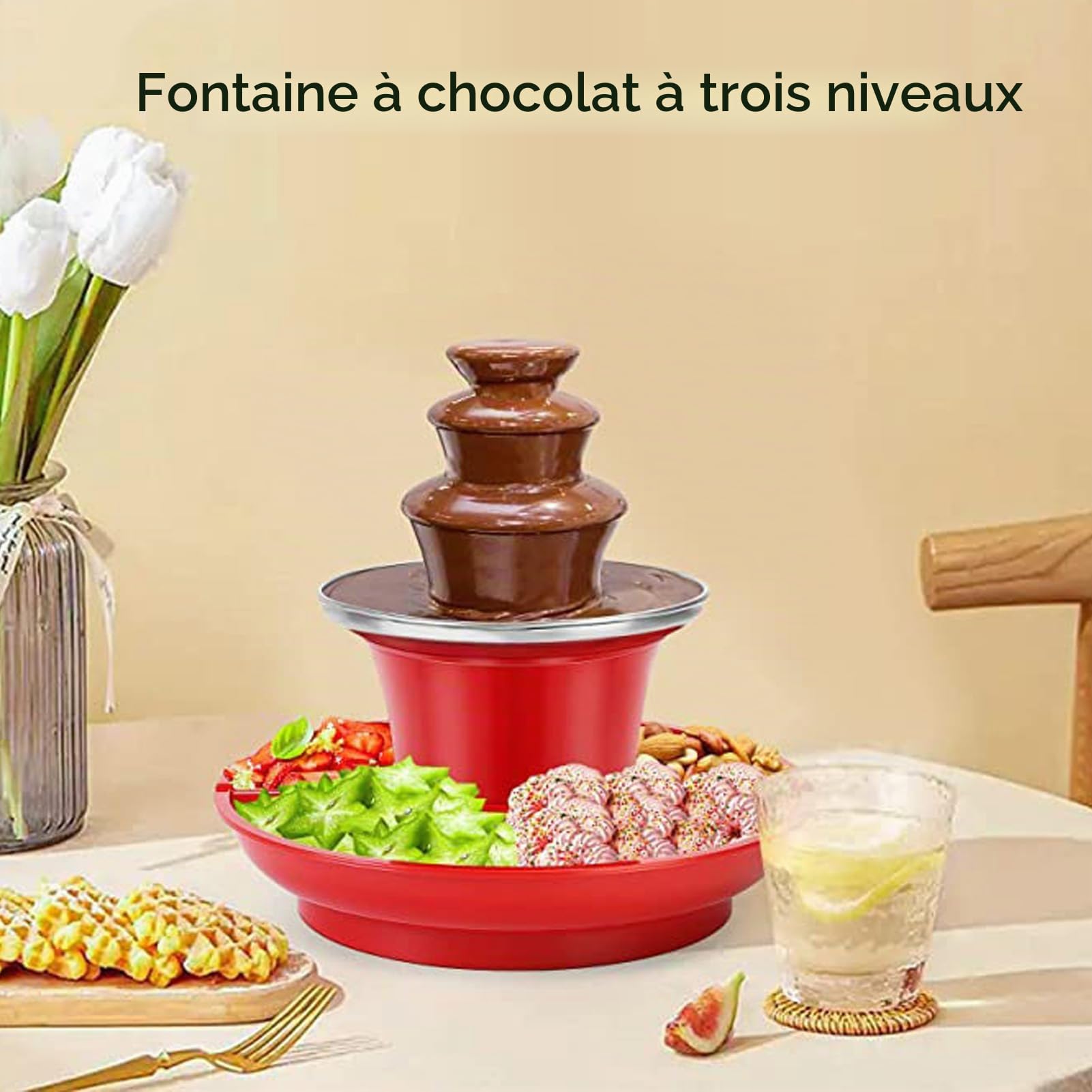 Machine à Fontaine à Chocolat à 3 Niveaux, Ensemble de Fontaine à Fondue au Chocolat électrique de 17 Oz avec Plateau de Service pour Fête D'anniversaire Mariage Chocolat Nacho