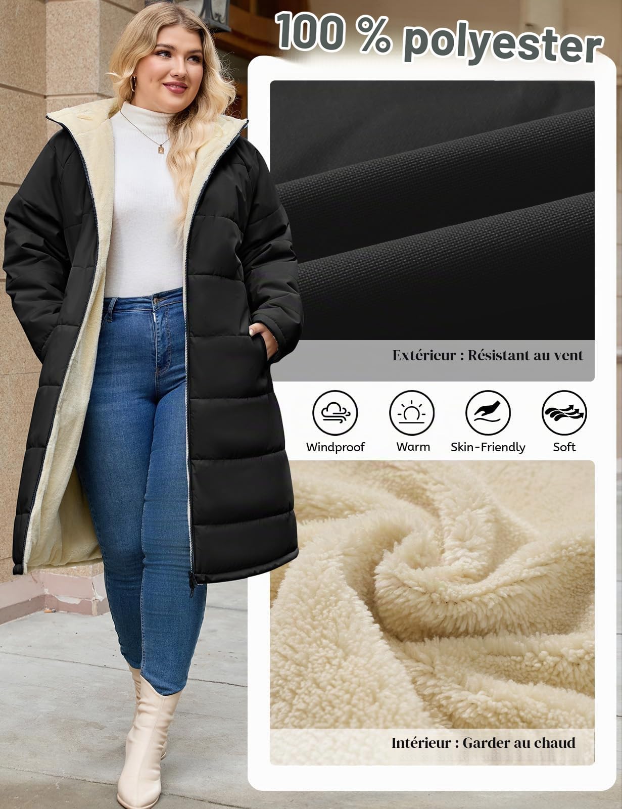 CMTOP Manteau Femme Hiver Long Grande Taille Doublure en Polaire Chaud Manteaux à Capuche, Peluche Épaisse Thermique Veste Blouson Coupe-Vent Parka Oversize Outcoat avec Poches