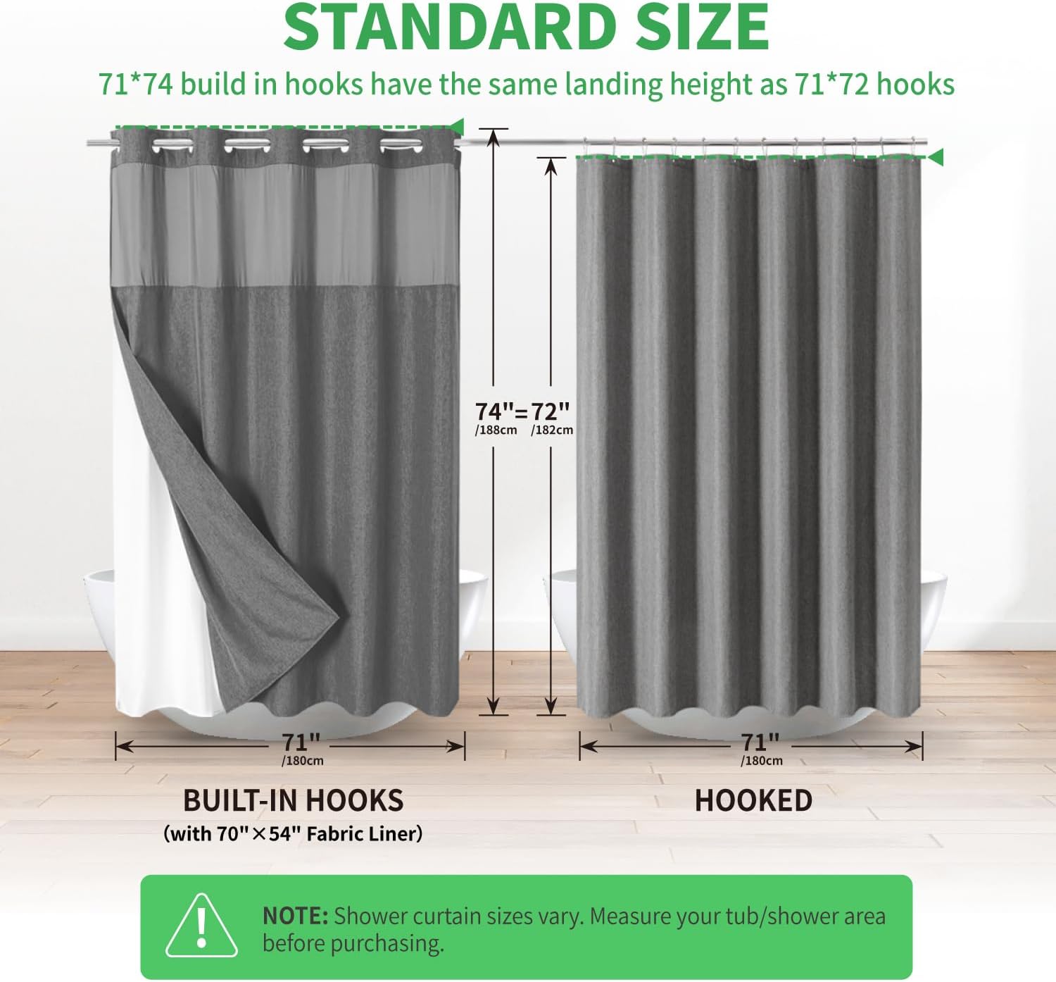 No Hooks Needed Linen Textured Shower Curtain with Snap-in Fabric Liner Set,Hotel Luxury Decor Waterproof Shower Curtains for Bathroom with Mesh Top Window,Washable,71Wx74H,Charcoal Grey