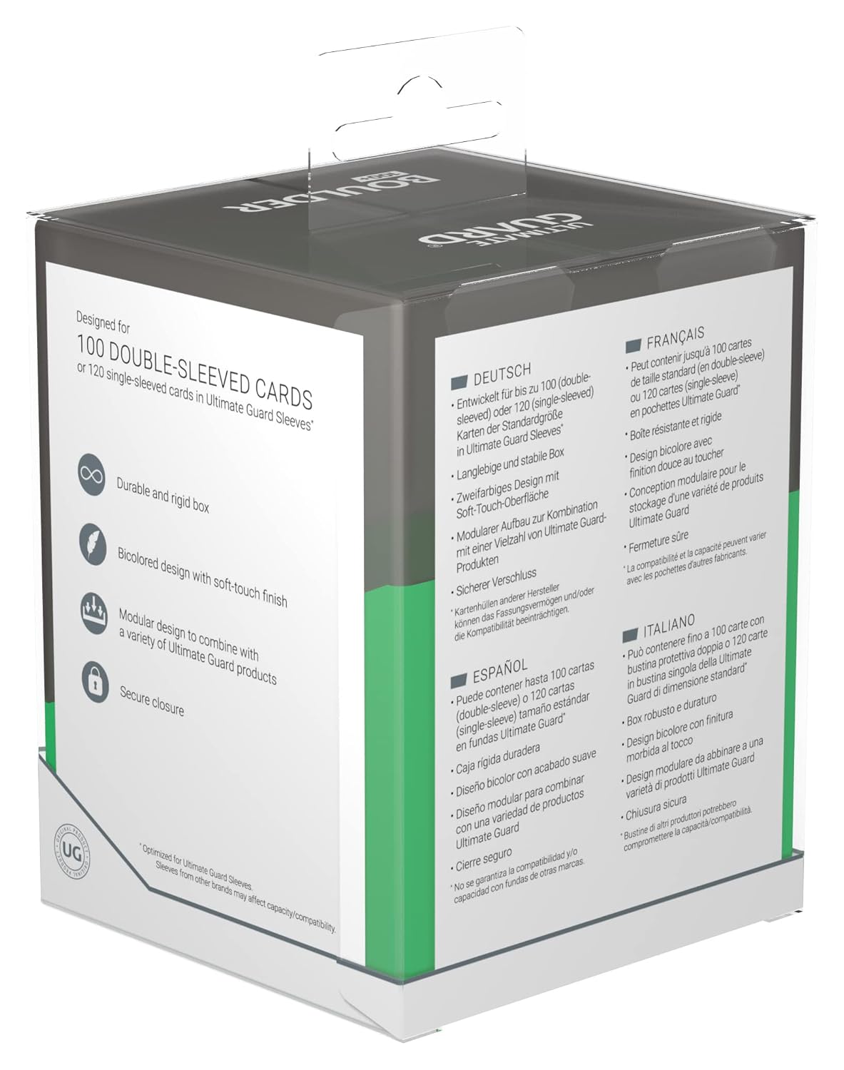 Ultimate Guard Boulder Synergy 100+, Deck Case for 100 Double-Sleeved TCG Cards, Black/Green, Secure & Durable Storage for Trading Card Games