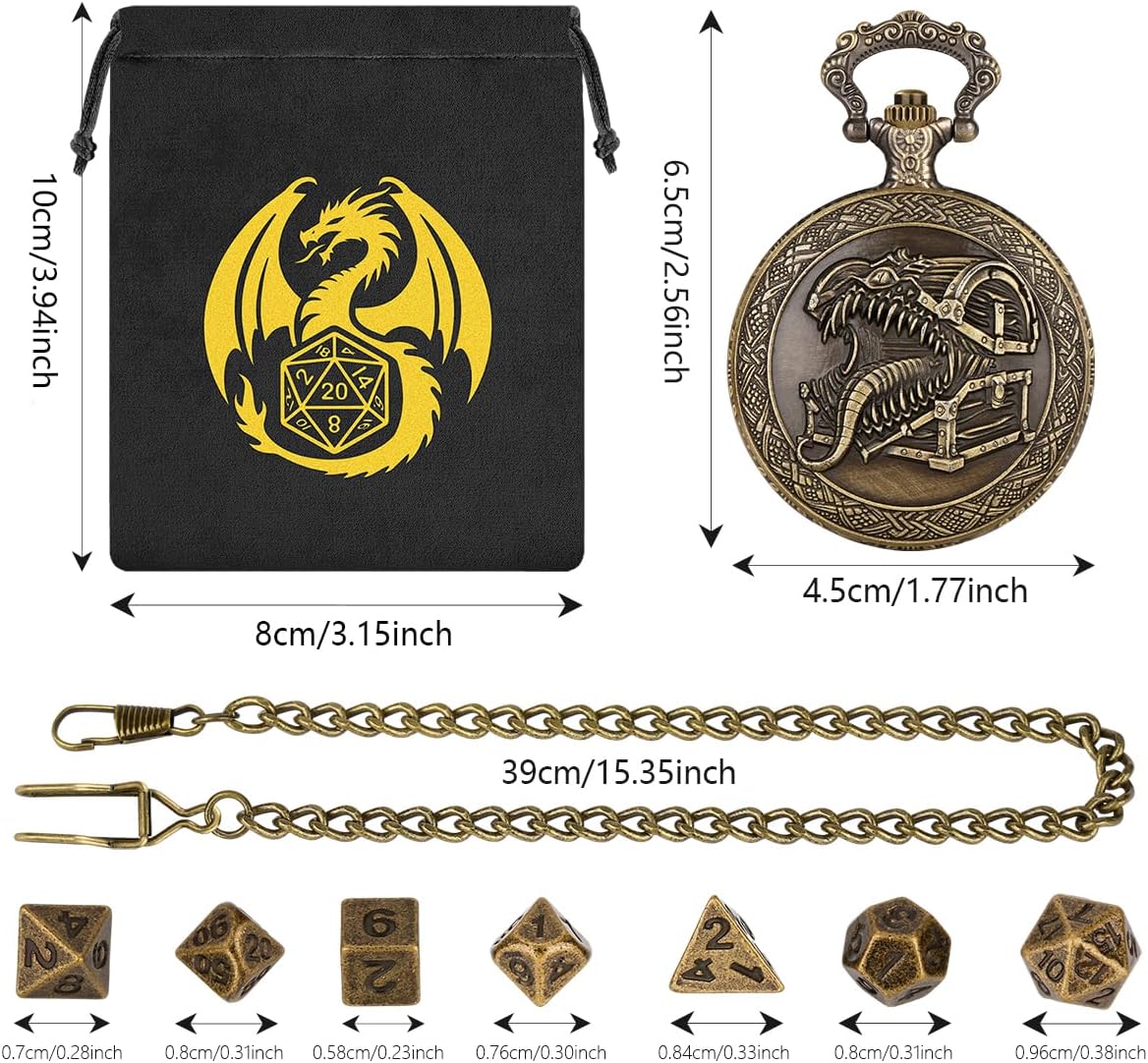 Mini DND Dice Set, with Steampunk Tongue Treasure Chest Pocket Watch Shell Case, 7-Piece Polyhedral Metal D&D Dice, DND Gift Bag with Dragon Logo, RPG, Role Play Board Game Accessories, Bronze