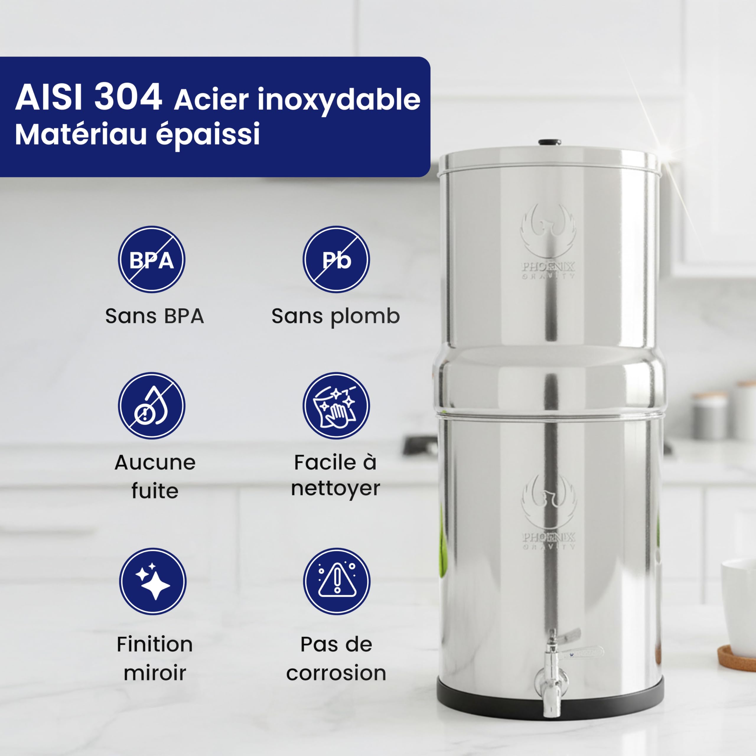 Phoenix Gravity - 6 litres certifié NSF/ANSI 42 et 372 système de filtration d’eau sur comptoir en acier inoxydable avec 2 cartouches Smart Carbon (noir), Free acier inoxydable Tap