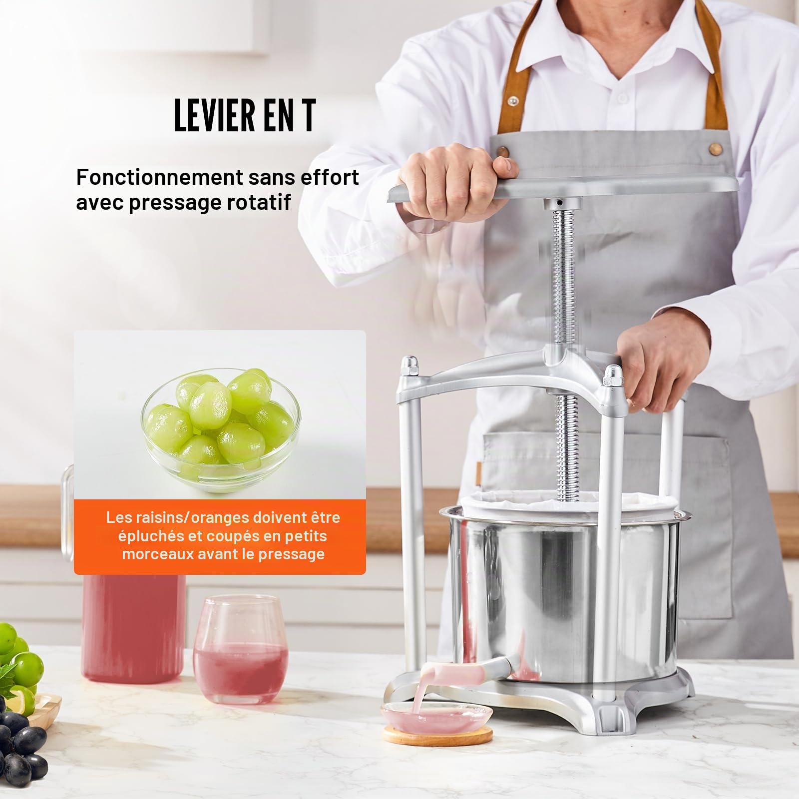 VEVOR Pressoir à Fruits Manuel 5 L Pressoir à Vin en Inox Base en Aluminium Presse-Fruits Manuel Baril Intérieur 18 x 15 cm Broyeur de Fruits Légumes pour Pressage de Vins Jus de Fruit Cidres Purées