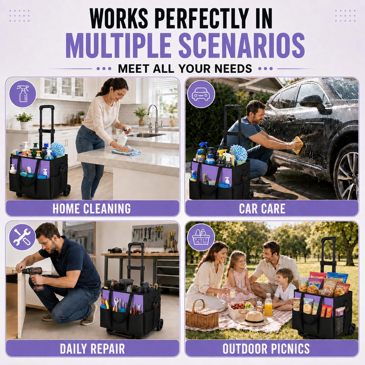 Cleaning Caddy with Wheels and Cleaning Apron, Built-in Hard Support Board