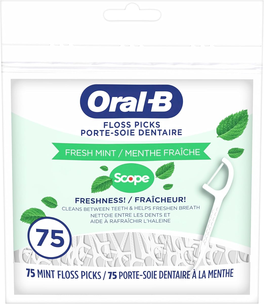 Púas de hilo dental Oral-B Burst of Scope, menta fresca, 75 unidades cada una, paquete de 6 (450 unidades en total)