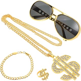OUNONA Rapper Costume Accessories Alloy Money Chain Necklace | Ring Bracelet Hip Hop Kit for Men, Party and Outdoor Music Festival Wear