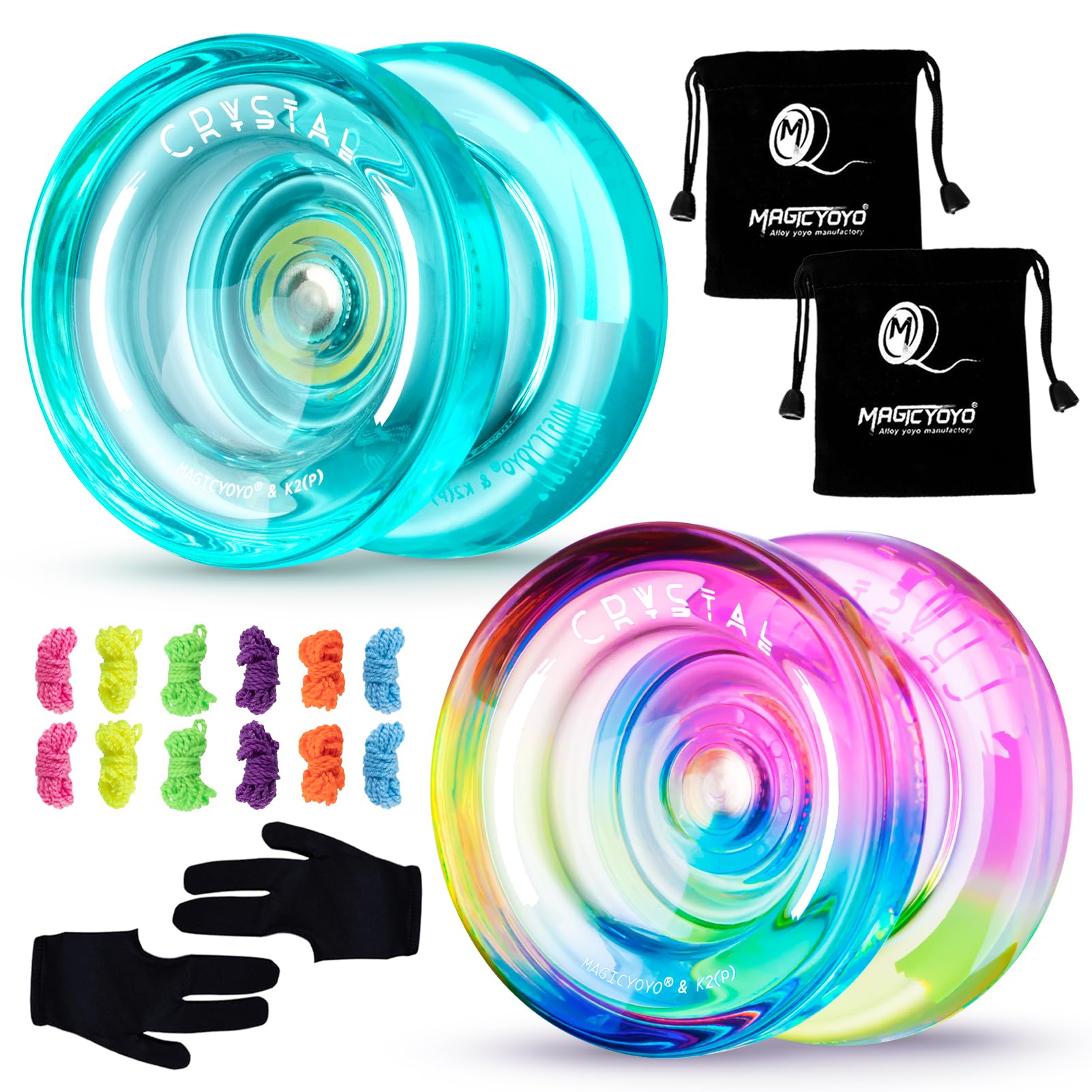 MAGICYOYO Pack of 2 Yoyos - K2 Responsive Yo-yo for Kids Beginners Yo Yo with 2 Yoyo Gloves, 2 Yo yo Bags, 12 Yo-yo Strings (Crystal Green+Blue Pink Yellow)
