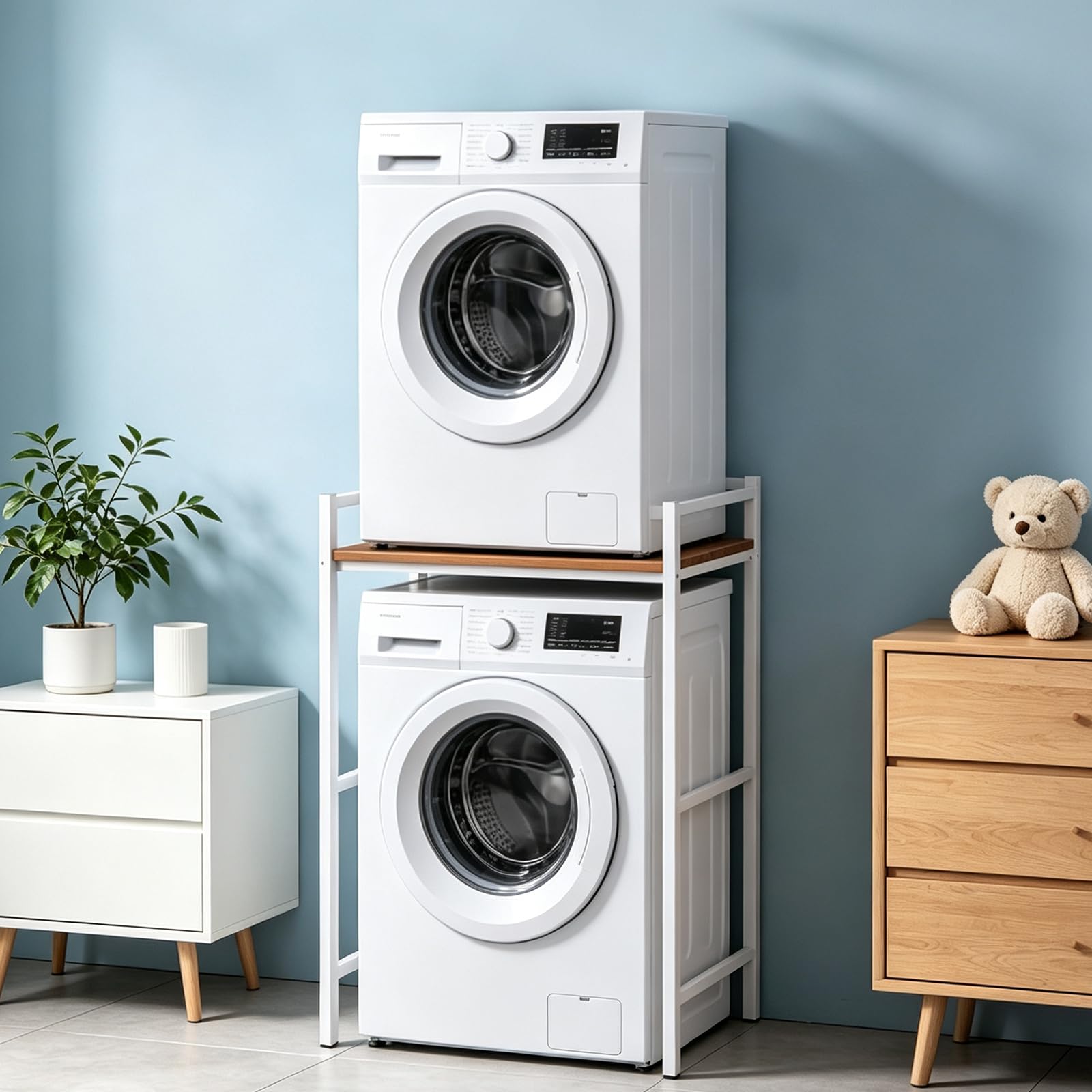 Meuble Machine à Laver, Étagère pour Machine à Laver et Seche Linge, 3 Réglable en Hauteur, Etagere Machine a Laver, Charge de 350 kg, pour Buanderie, Salle de Bain, Balcon(Blanc)