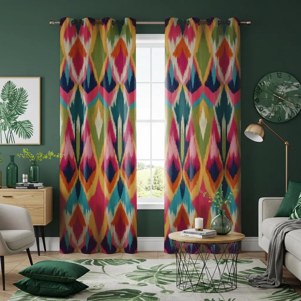 HNYDM Colorful Ikat Blackout Curtains Bold Tribal Diamond Pattern Drapes Vibrant Boho Window Panels for Living Room Bedroom(WxH/2x250x265cm)
