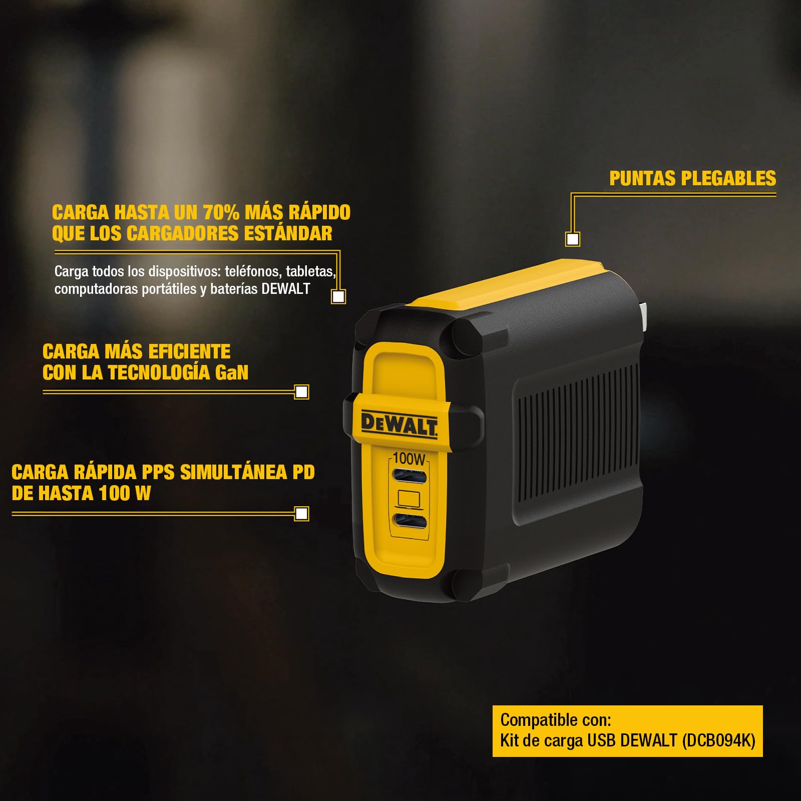 DEWALT Cargador USB-C EU 100W Heavy Duty (GAN), Cargador de Pared Rápido 2 Puertos 100W para MacBook Pro, MacBook Air, Google Pixelbook, ThinkPad, DELL XPS, iPad Pro, Galaxy S22/S20, iPhone 17/16