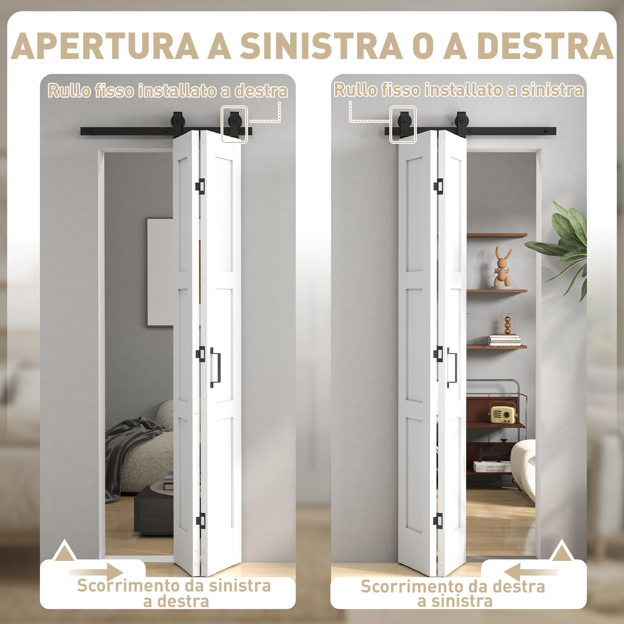 HOMCOM Porta Scorrevole Bi-fold Muro 71.2x213.4cm, Binario Silenzioso Acciaio, Maniglia, Guida, Ruote, Porta da Interno Stile Rustica, in MDF e Legno Pino, Impermeabile, per Cucina, Bagno
