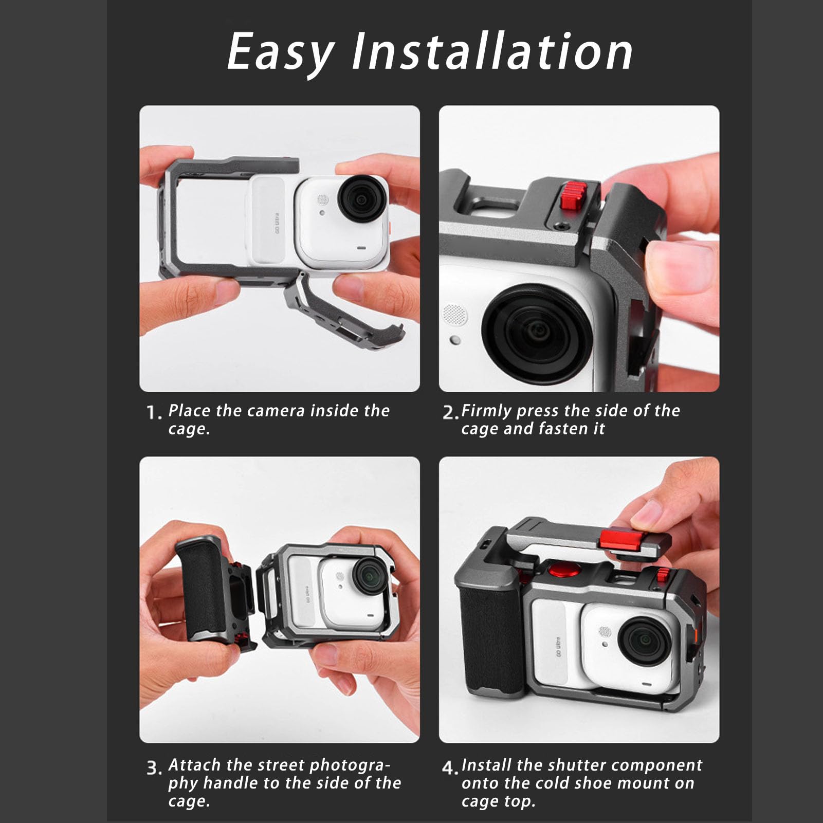 Kit Street Grip, Gabbia per Fotocamera in Lega di Alluminio con Protezione Antiurto e Impugnatura in Silicone per Go Ultra, con Supporto per Fredda e Cinturino da Po