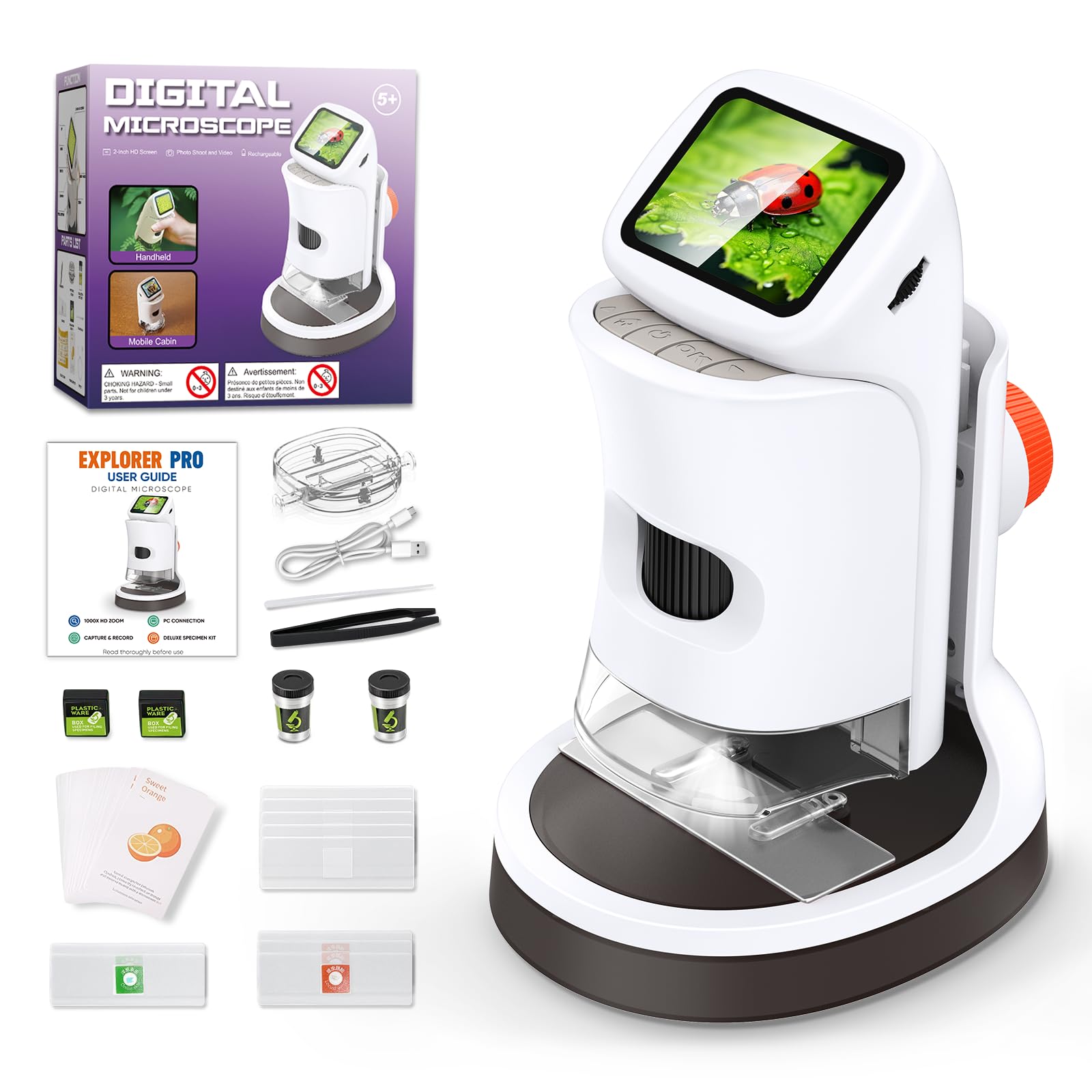 Microscopio para niños con pantalla HD de 2 pulgadas, aumento de 100 a 1000 aumentos, 1080p, captura de fotos y vídeos, 6 luces LED, tarjeta TF de 32 GB, USB-C, microscopio portátil para niños a