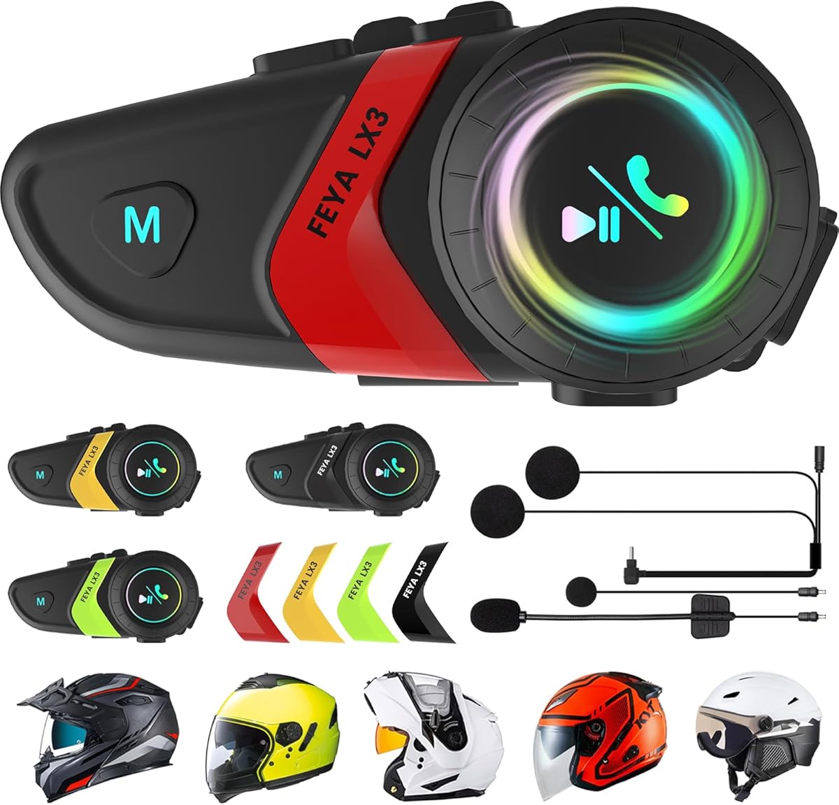 FEYA Motorcycle Helmet Speakers Super Long Battery Life Helmet Headset with Hi-Fi Sound Quality Dual Noise Reduction IPX6 Automatic Answer/Call Music Control/AI Voice/Soft & Hard Mic 1 Pack