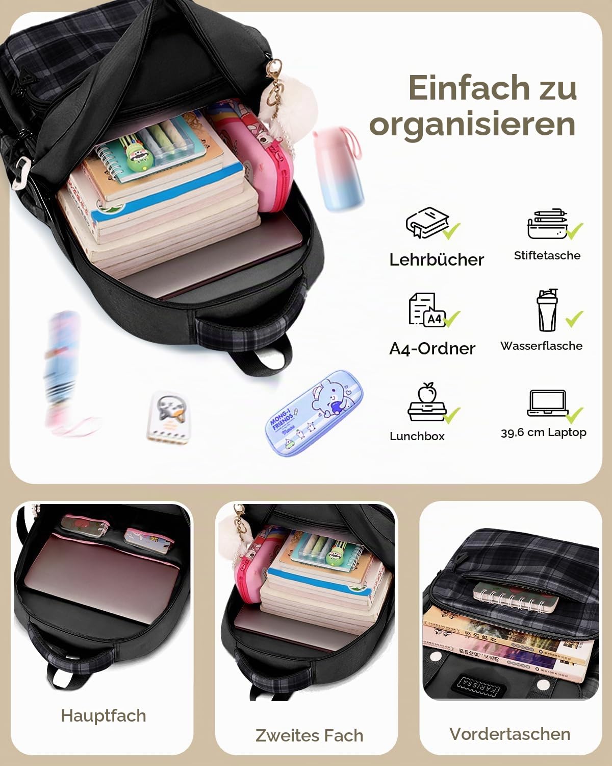 Tanou Rucksack Schule Mädchen Teenager für Schule Reisen, 26L, Schwarz