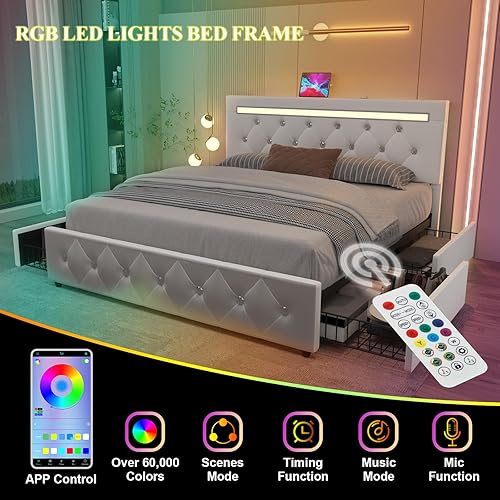 Miniatura 5 de Benevika Base de cama tamaño Queen con 4 cajones y cabecera LED ajustable, plataforma tapizada de piel sintética con estación de carga, soporte de