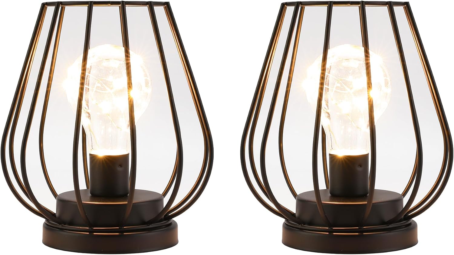 TRIROCKS 2 Set ofMetal Battery Operated Lamp 7'' Tall mini Cage Shape Cordless Table Lamp Battery Lanterns with Warm Fairy Lights Bulb for Patio Garden Wedding Parties Indoor Outdoor(Black)