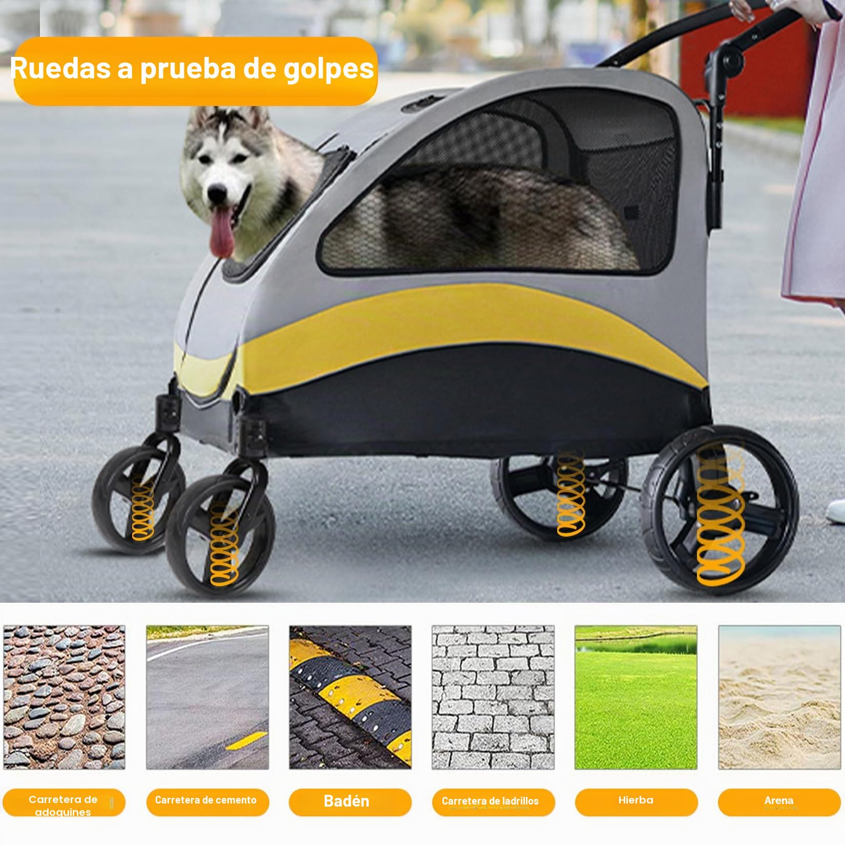 BingoPaw Carro Perro Hasta 50 kg: Carrito para Perros Paseo Extra Grandes Plegable Cochecito para Mascotas Mediano con Marco de Acero, Ruedas Amortiguadoras y Frenos, L 108 x A 74 x AL 113 cm
