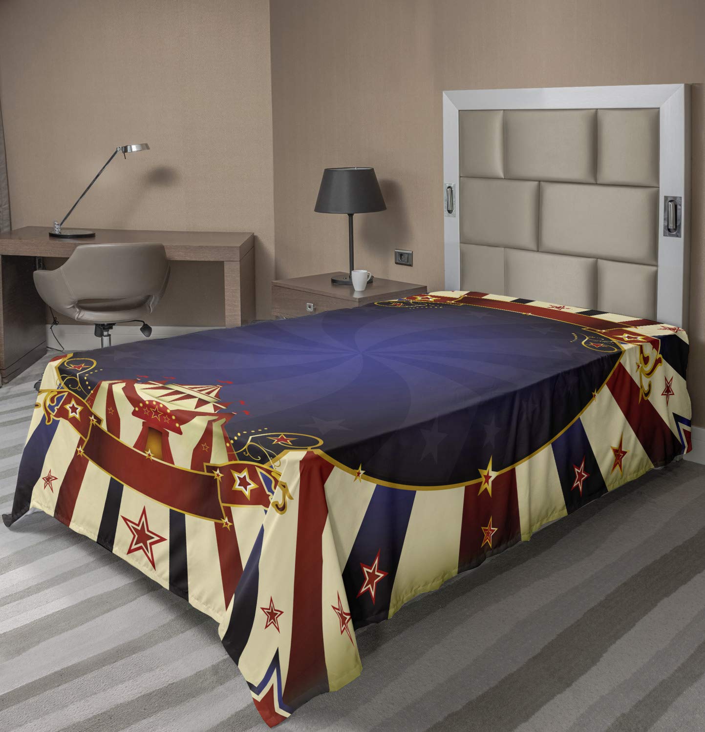 Ambesonne Vintage Flat Sheet, Circus Theme Retro Carnival Tent Ribbon Poster Like Image, Soft Comfortable Top Sheet Decorative Bedding 1 Piece, Twin Size, Pale Yellow Navy Blue