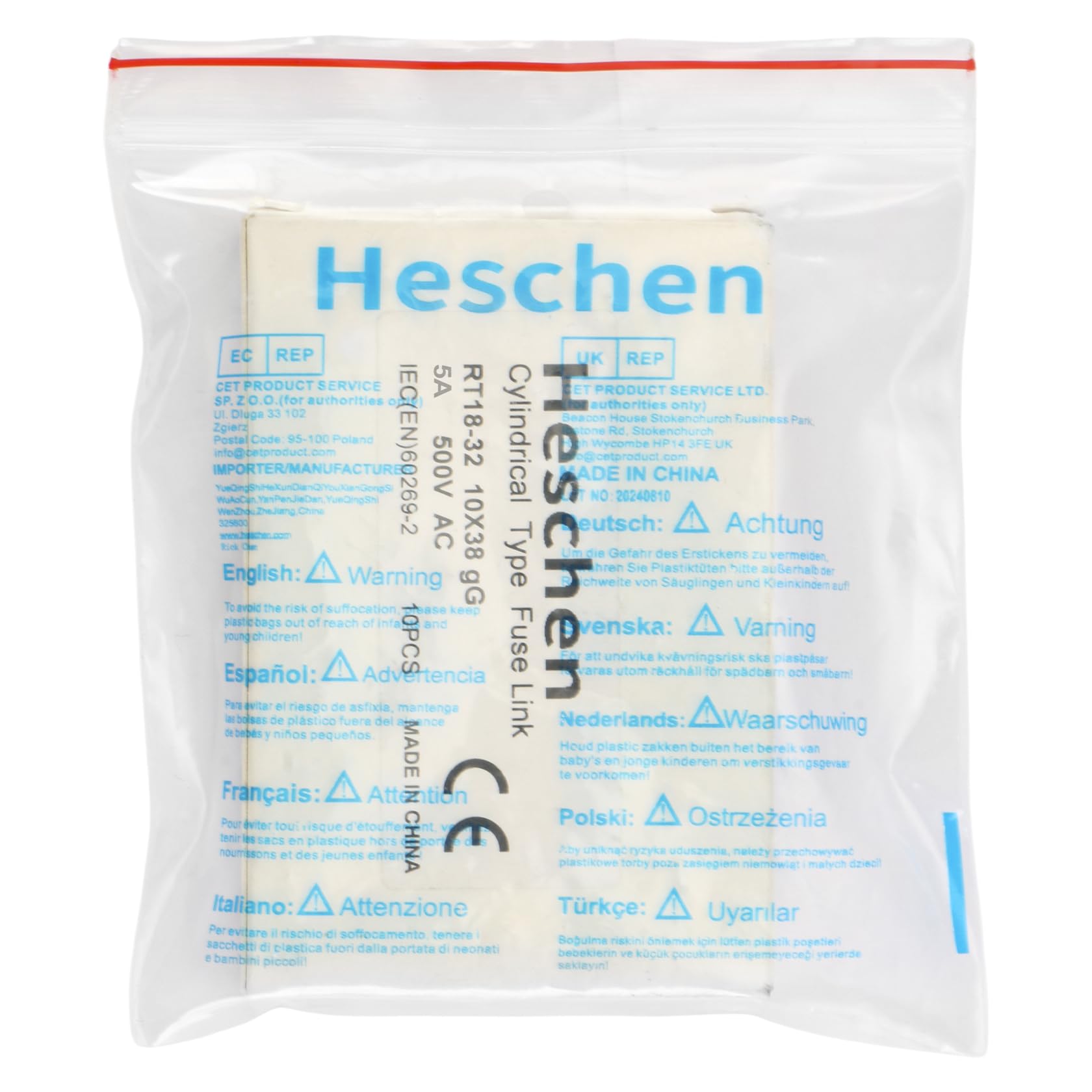 Heschen cylindryczny ceramiczny łącznik bezpiecznikowy, RT18-32 (RO15), 10 * 38 mm, 5A 500V, CE, opakowanie 10 szt