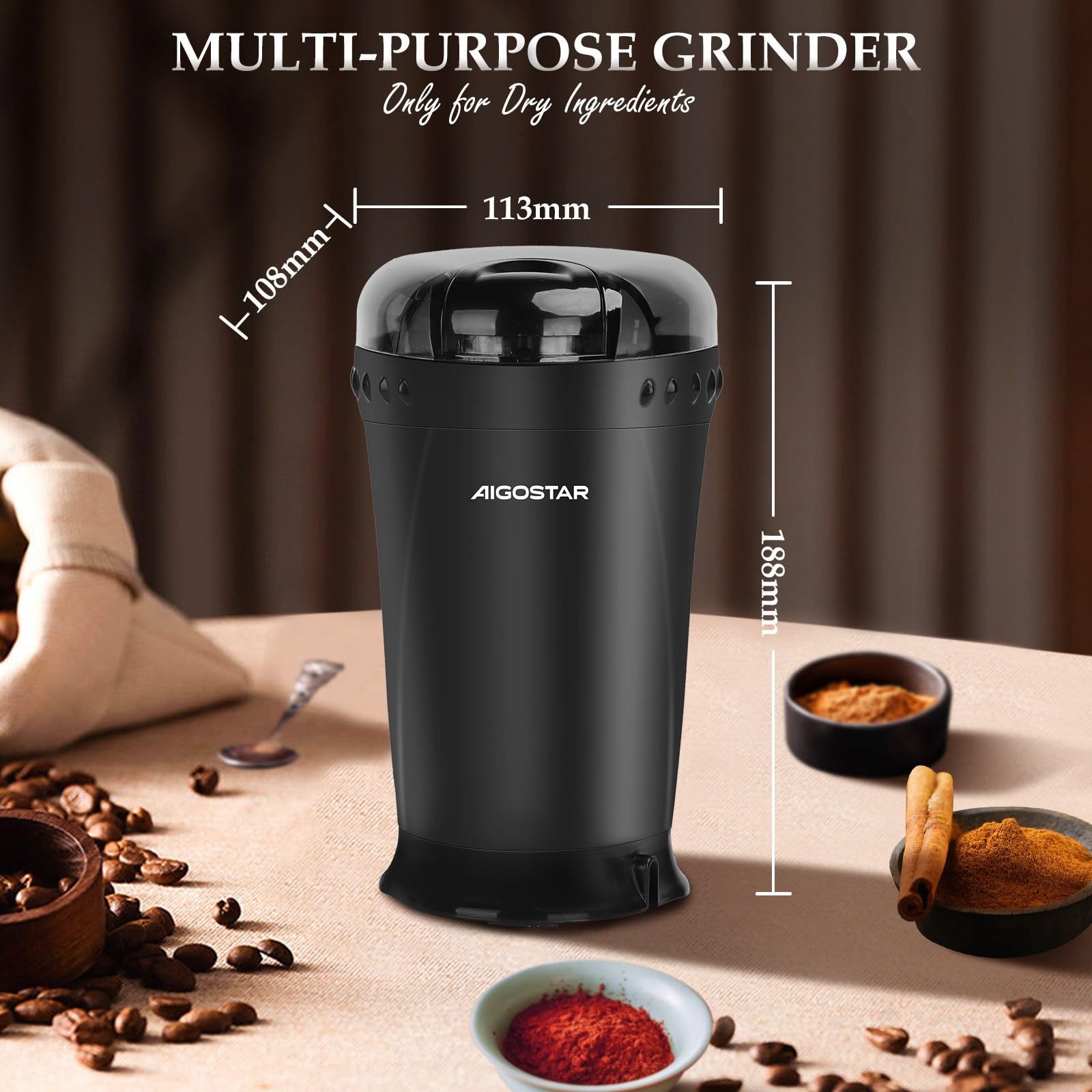 Aigostar kaffeemühle Elektrisch mit Edelstahl Schlagmesser 60g 200W Schwarz - Schnelle & Uniform Gewürzmühle mit Reinigungsbürste, BPA-frei, für Kaffeebohnen, Getreide, Gewürze und Nüsse Mühle