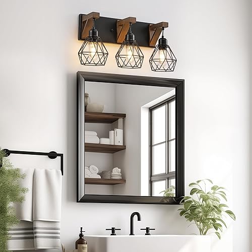 Miniatura 10 de Lámpara de tocador de baño de 3 luces, lámpara de baño de madera, apliques rústicos con elegante pantalla de metal para sala de estar, dormitorio,