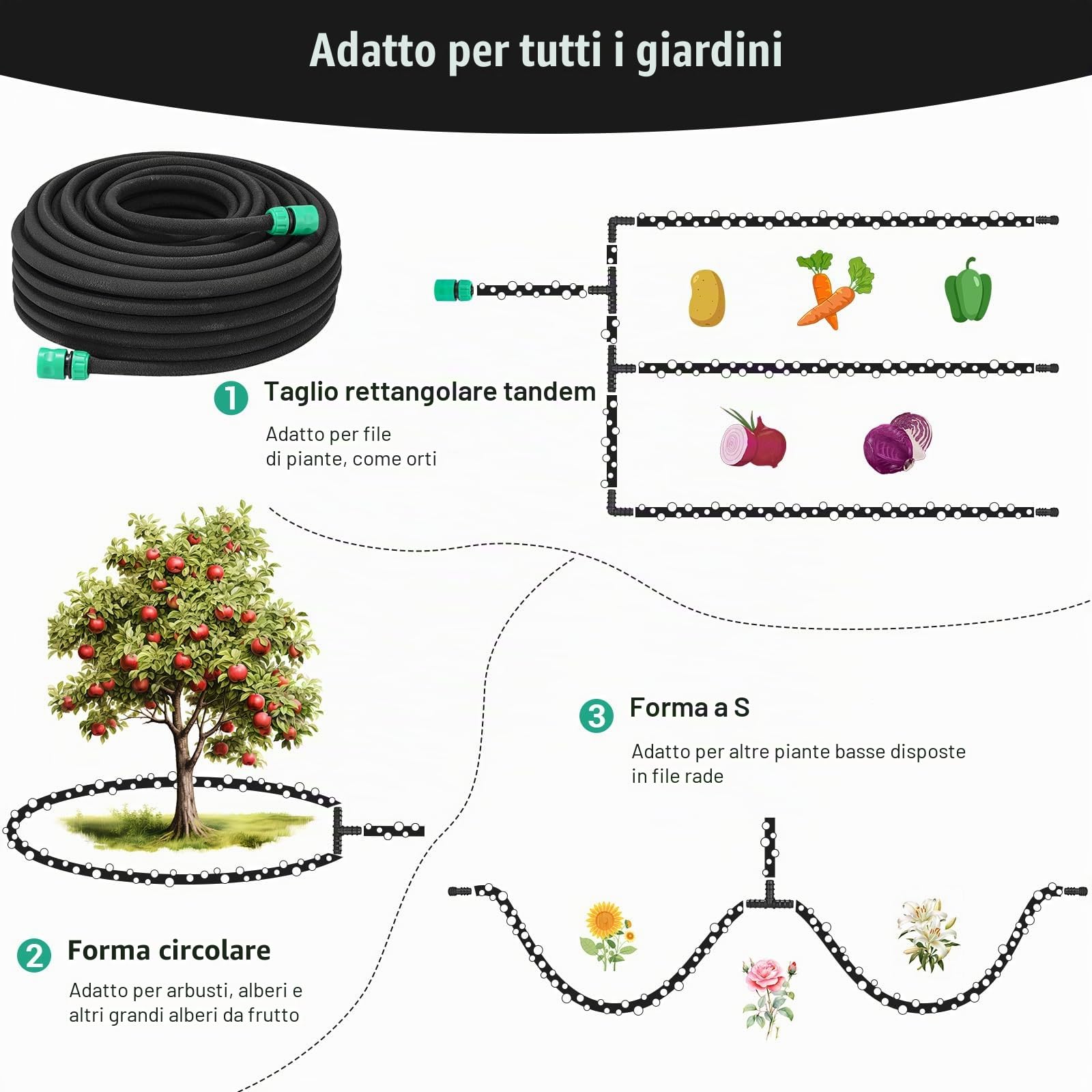 Tubo Poroso per Irrigazione 50 mt 1/2" con Vari Connettori, Set Tubo Gocciolante da Giardino per Prati, Patii… (verde) (nero)