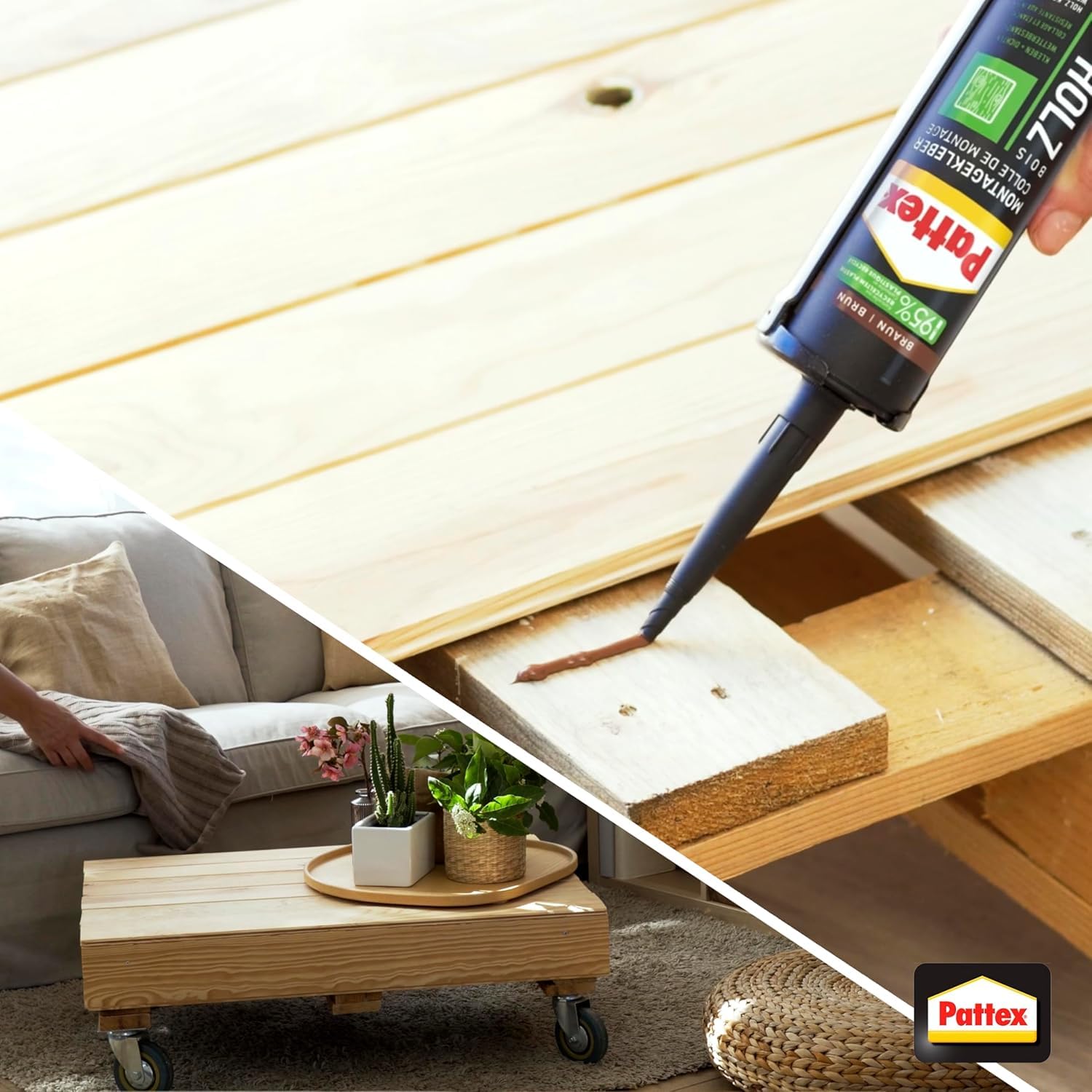 Pattex Montagekleber Holz, Kartusche, braun, 6x 420g | Spezialkleber für Holzarbeiten – starke Haftung & natürliche Optik