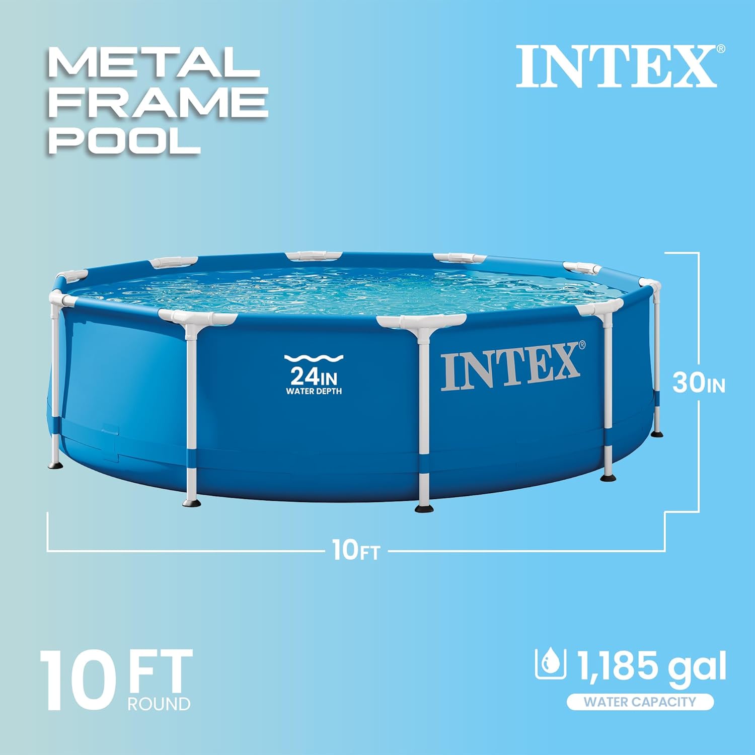 Diagram illustrating the dimensions of the Intex Metal Frame Pool: 10 feet round, 30 inches high, with a 24-inch water depth and 1,185 gallon capacity.