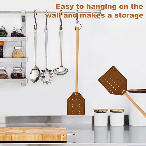 Miniatura 7 de Matamoscas de cuero resistente, matamoscas de mango largo con mango de madera de haya de 19.7 pulgadas de largo, matamoscas para interiores y