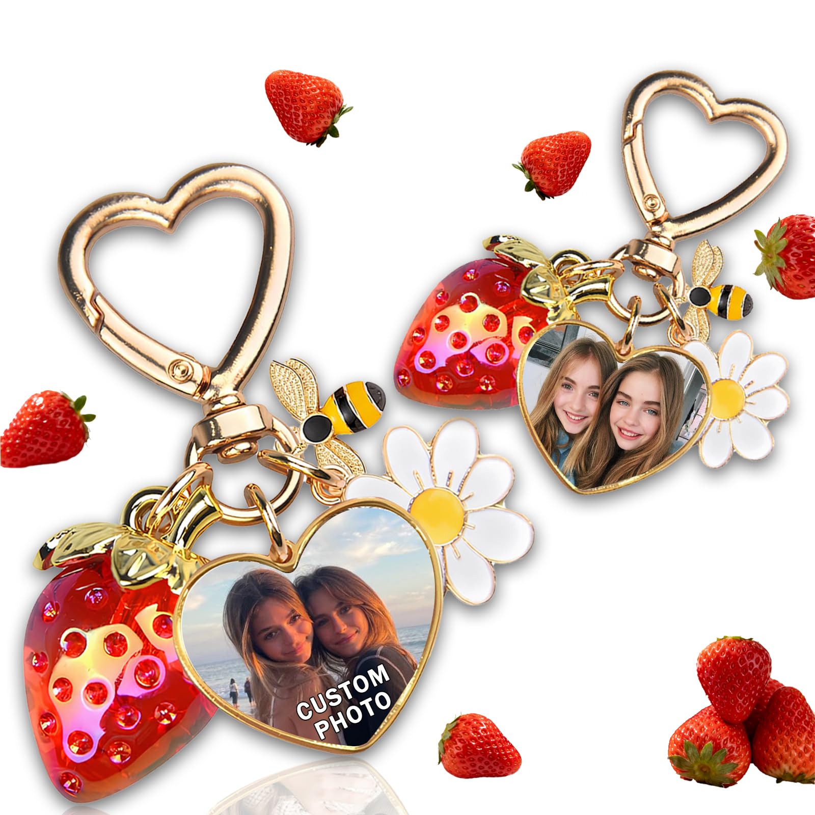 QSZ Personalized Cute Strawberry Bag Charm Custom Wallet Charms with Photo Bee Daisy Keyring Heart Shaped Pendant Gift for Women Girls (heart)