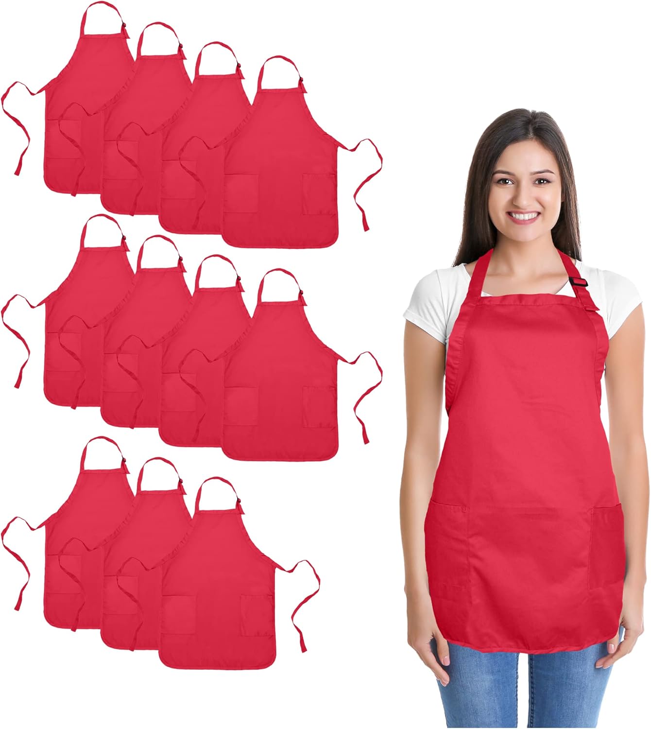 DALIX Apron Commercial Restaurant Home Bib Spun Poly Cotton Kitchen Aprons (2 Pockets) in Red 12 Pack