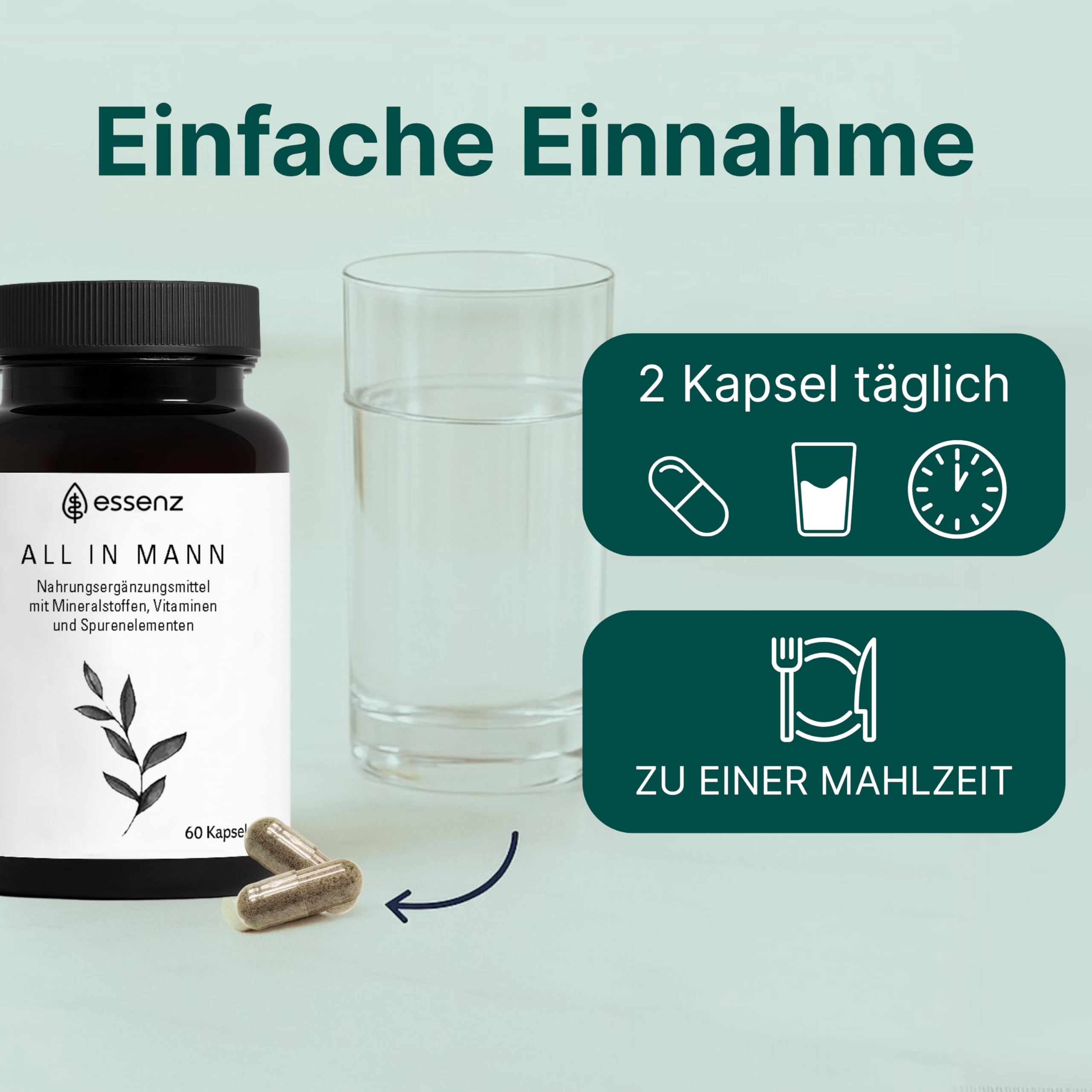 ESSENZ – All In Mann 4 x 60 Kapseln – Multinährstoff-Komplex + Vitamine, Mineralstoffe & Spurenelemente. Mit Zink zur Erhaltung eines normalen Testosteronspiegels + Vitamin C & D für das Immunsystem