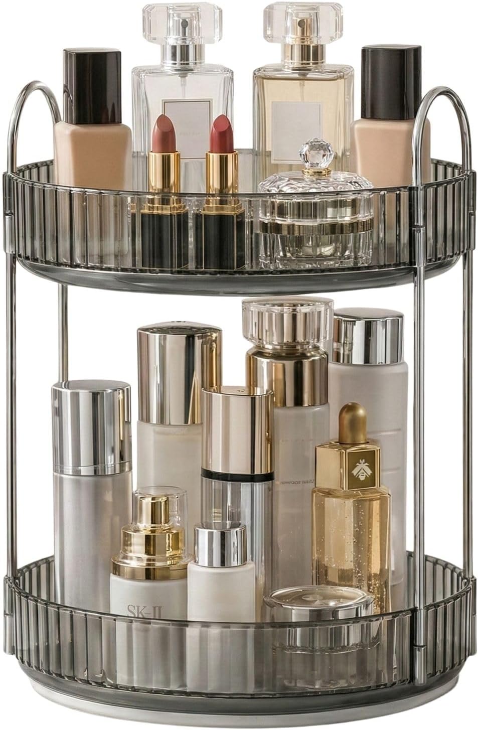 360° Rotating Makeup Organizer, 2 Tier Spinning Cosmetic Organizer for Vanity & Bathroom Countertop, Holds Tall Skincare Bottles, Perfume & Beauty Accessories – Clear Grey