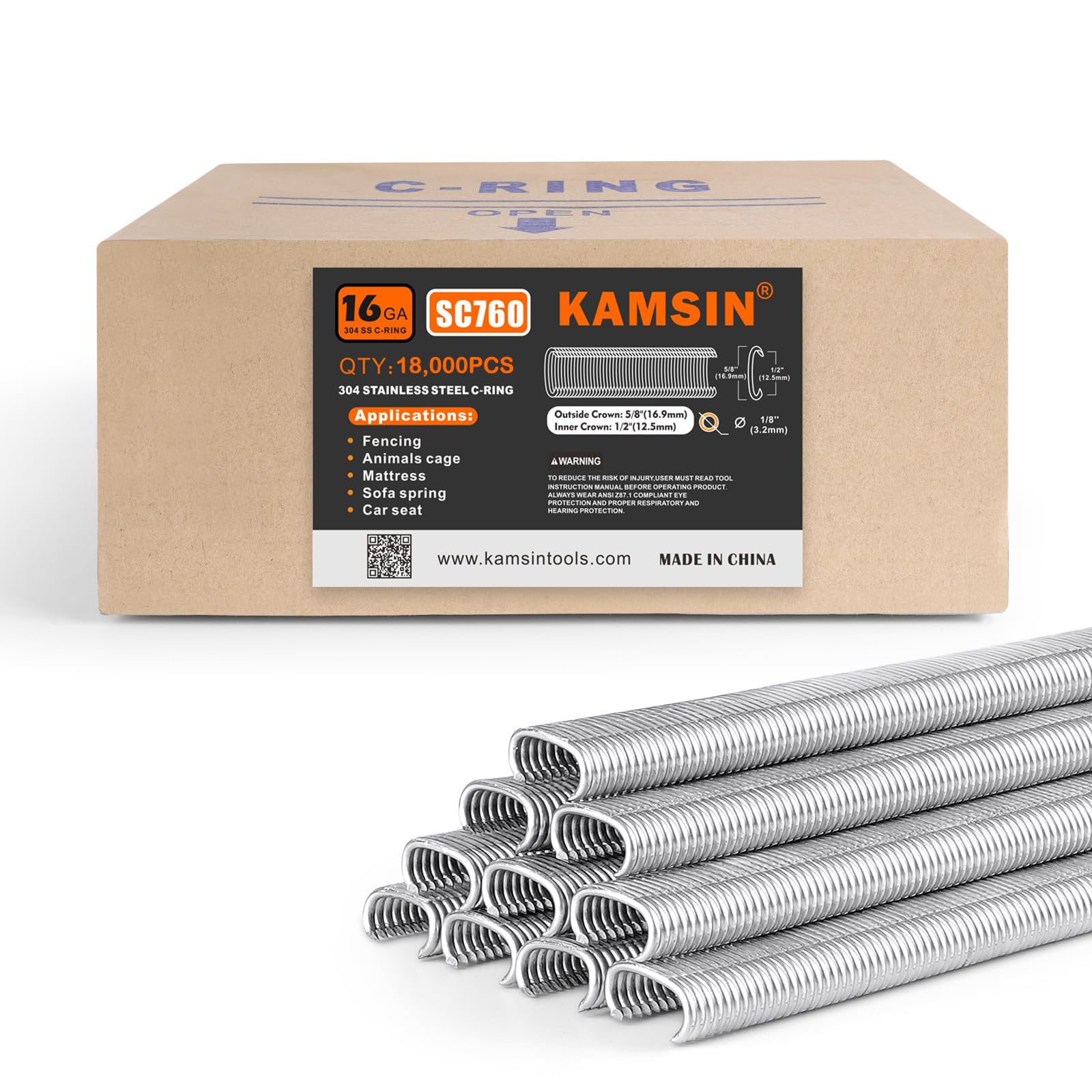 Kamsin SC760 304 Stainless Steel Hog Rings 16 Gauge, 1/2" Inner Crown, 5/8" Outside Crown - 18,000 PCS for Pneumatic Hog Ring Gun, Cage Building, Fencing, Upholstery, Fastening
