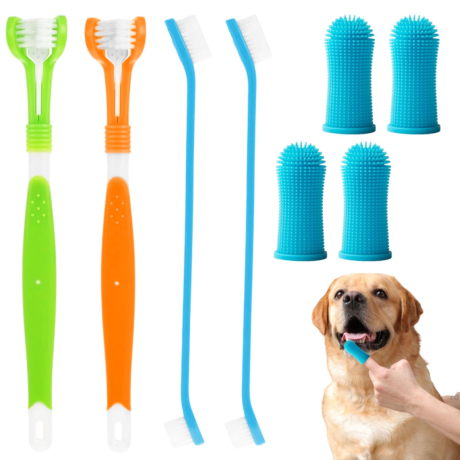 Dog Toothbrush, 2 Double Headed Toothbrushes, 2 Triple Head Dental Cleaning Brushes, 4 Finger Dental Cleaning Brush for Small, Medium and Large Animals