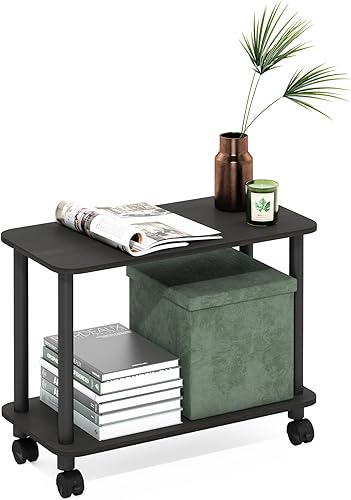 Furinno Turn-N-Tube - Mesa auxiliar rectangular de 2 niveles con ruedas, mesita de noche de esquina redonda, mesita de noche con estante abierto,