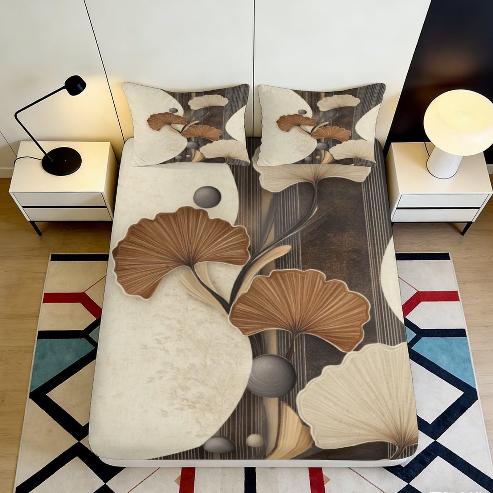 3D Printed Ginkgo Leaf Fitted Sheet Microfiber Autumn Botanical Mattress Cover Beige Brown Modern Bedroom Decor 160x200x25cm