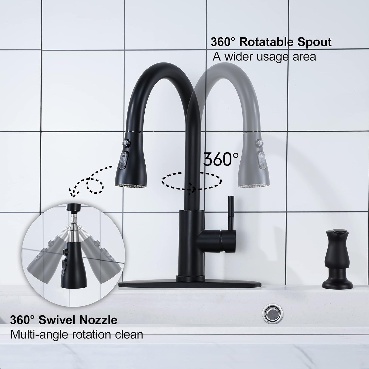 Matte Black Pull Down Kitchen Faucet with Soap Dispenser - High Arc 3-Function Pull Out Kitchen Faucet, Stainless Steel Kitchen Sink Faucet with Pull Down Sprayer Single Hole Single Handle