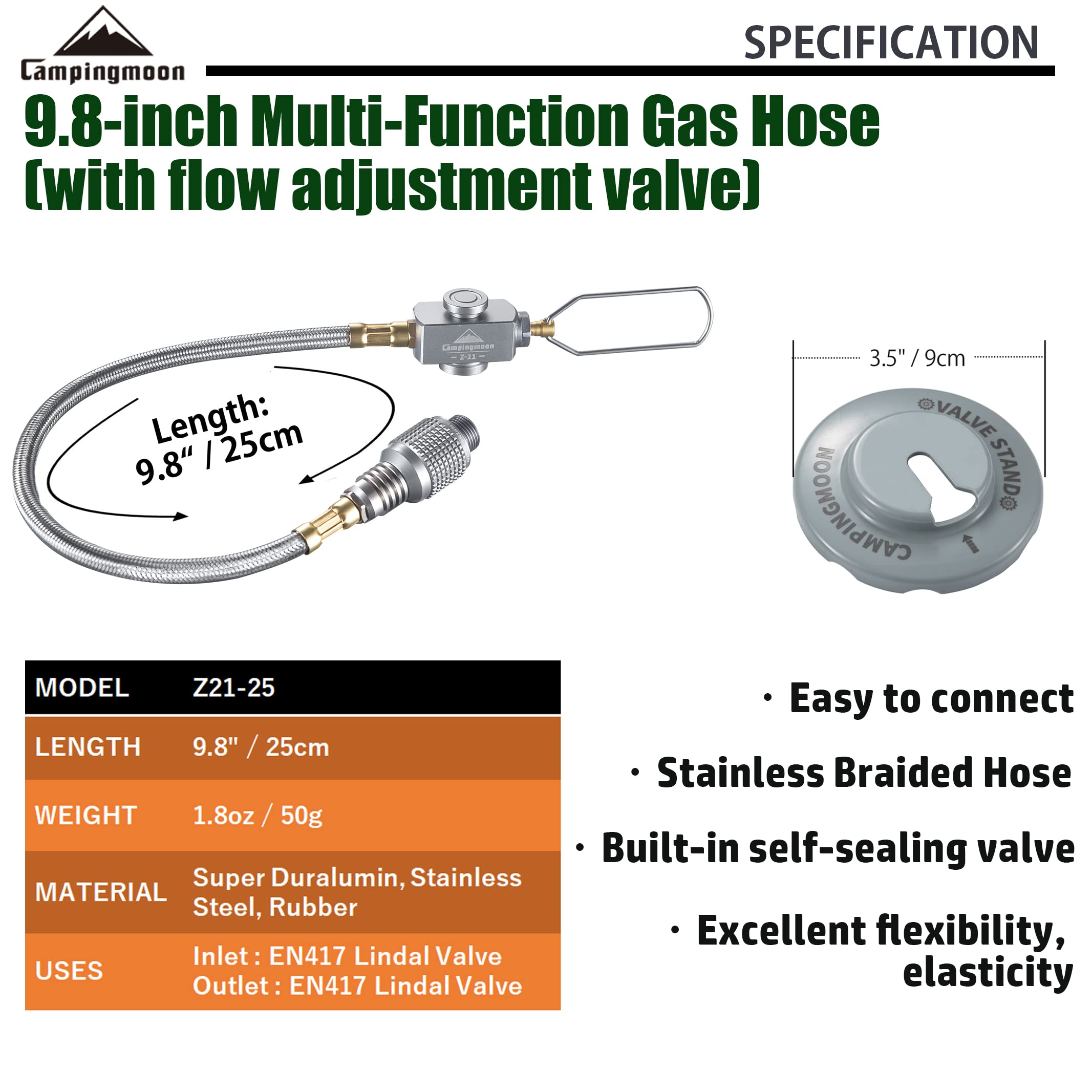 camping moon CAMPINGMOON 9.8-inch Multi-Function Gas Hose for EN417 Lindal Valve Screw-on Type Canister and Device Z21-25