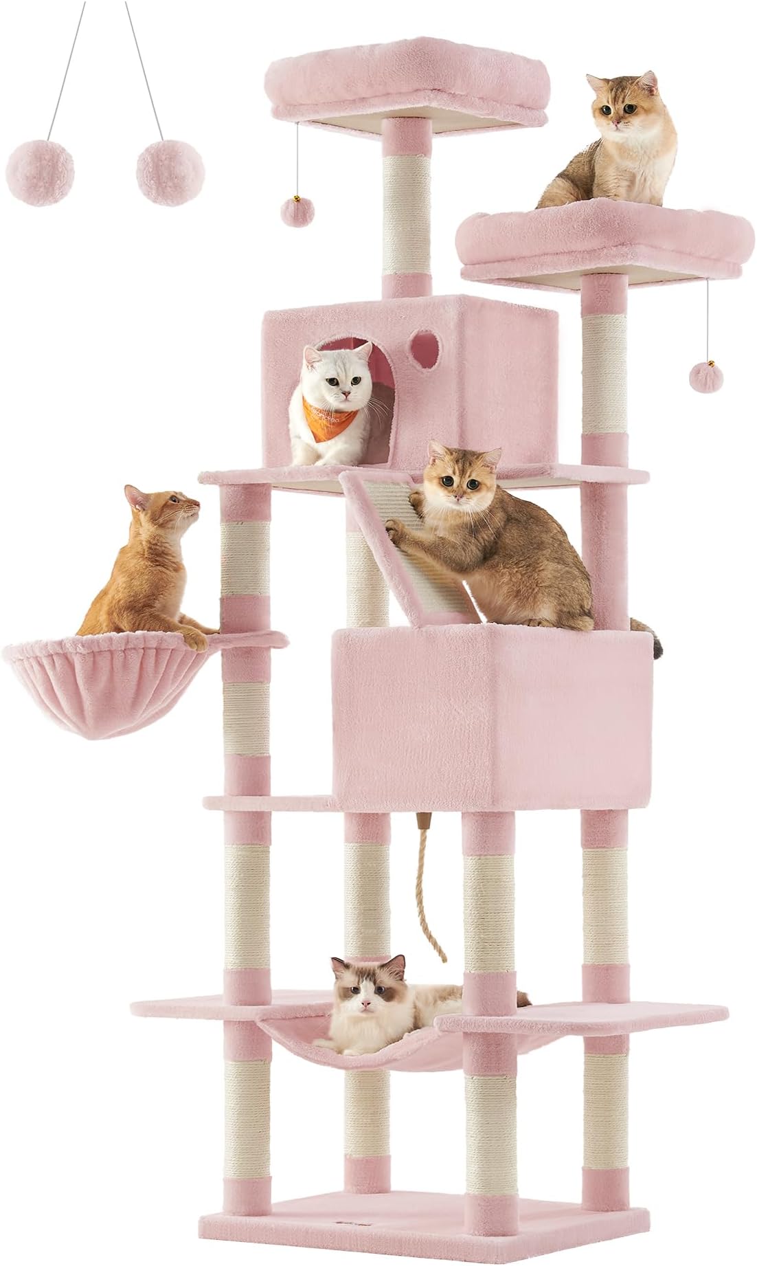 Feandrea Cat Tree, 206 cm Large Cat Tower with 13 Scratching Posts, 1 Scratching Ramp, 2 Perches, 2 Caves, Basket, Hammock, Pompoms, Multi-Level Plush Cat Condo for Indoor Cats, Jelly Pink PCT190P01