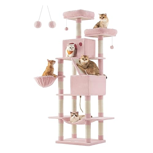 Feandrea Cat Tree, 81.1-Inch Large Cat Tower with 13 Scratching Posts, 2 Perches, 2 Caves, Basket, Hammock, Pompoms, Multi-Level Plush Cat Condo for Indoor Cats, Jelly Pink UPCT190P01 - XXL (23.6"L x 19.7"W x 81.1"H) - Jelly Pink