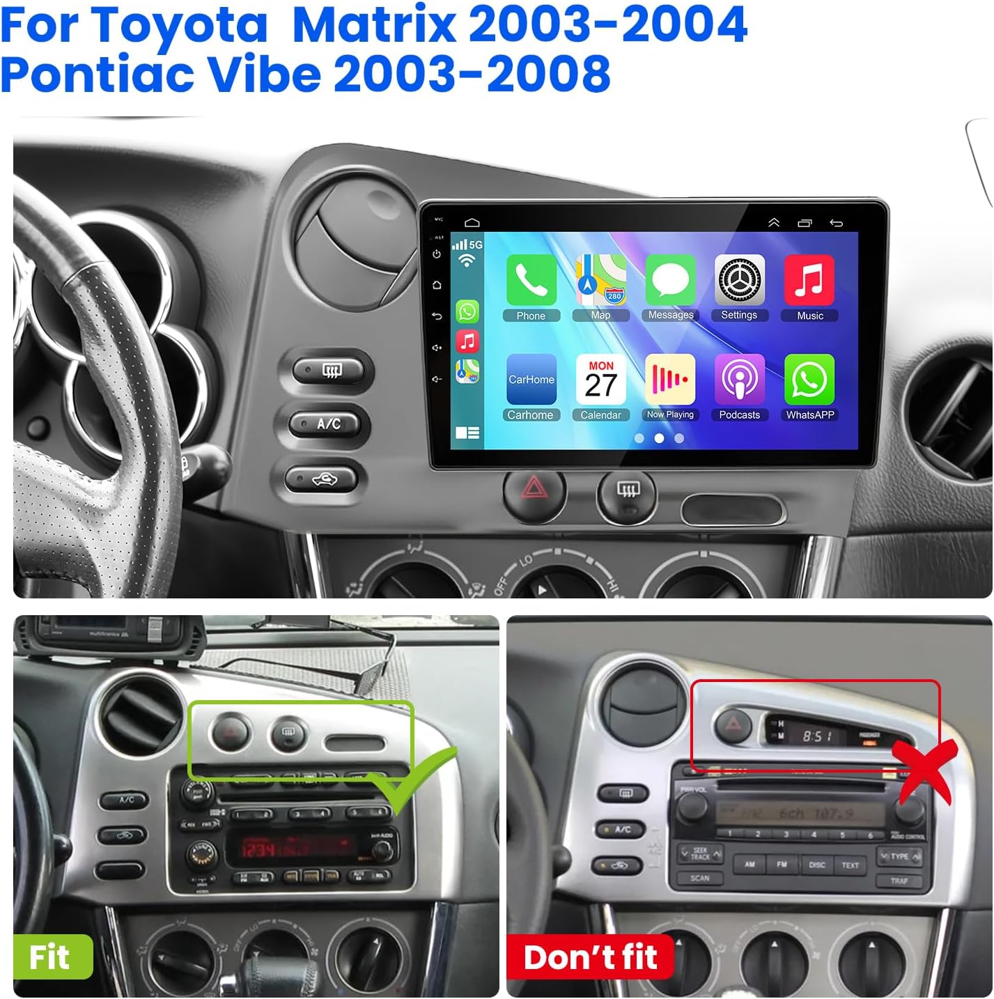 4 64GB Car Radio for Toyota Matrix 2003-2004 & Pontiac Vibe 2003-2008 with Wireless Carplay & Android Auto, 9 inch IPS Car Stereo with Voice Control Bluetooth 5.2 GPS WiFi FM DSP EQ SWC Backup Camera